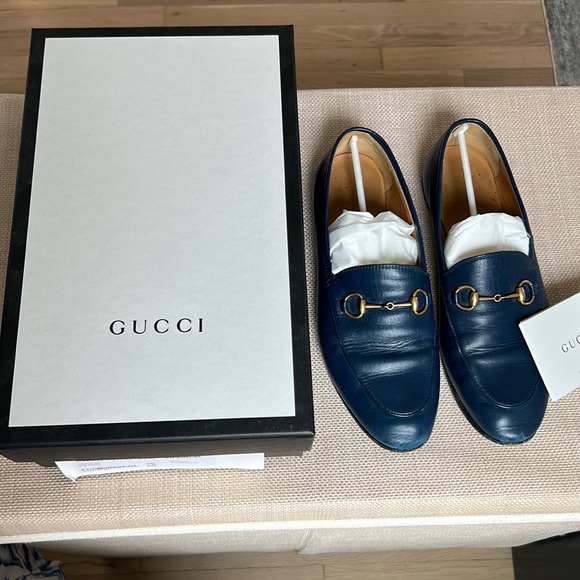 Gucci Woman’s Malaga Kid Leather Jordaan Loafers in Blue Agata Size 38/ US 8 - Picture 1 of 12